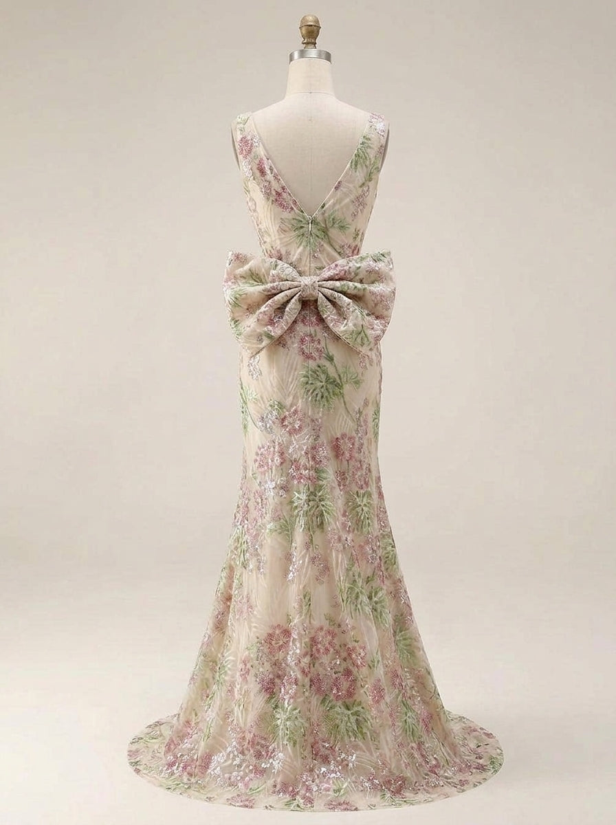 Trumpet/Mermaid V-Neck Sequins Floral Evening Dresses with Bowknot Floor-Length Sleeveless Party Dresses