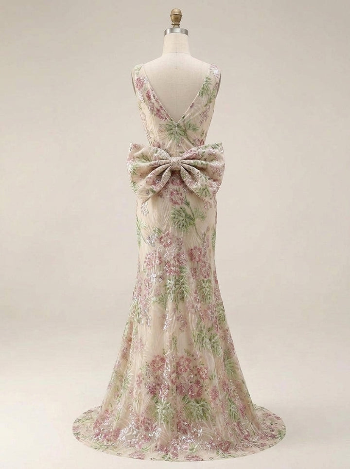 Trumpet/Mermaid V-Neck Sequins Floral Evening Dresses with Bowknot Floor-Length Sleeveless Party Dresses