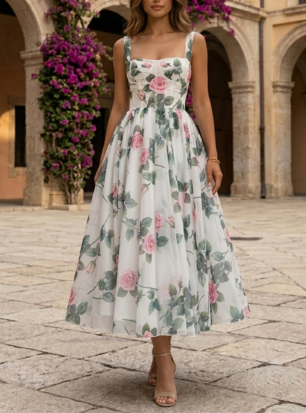 A-Line/Princess Square Collar Chiffon Cocktail Dresses Tea-Length Sleeveless Floral Formal Dresses