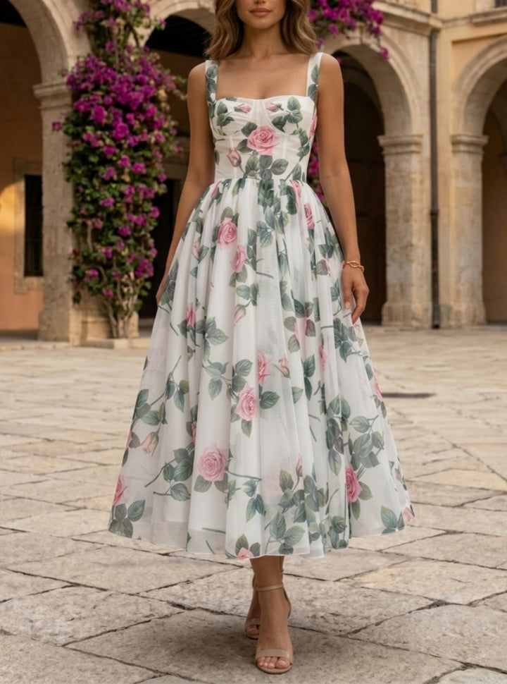 A-Line/Princess Square Collar Chiffon Cocktail Dresses Tea-Length Sleeveless Floral Formal Dresses