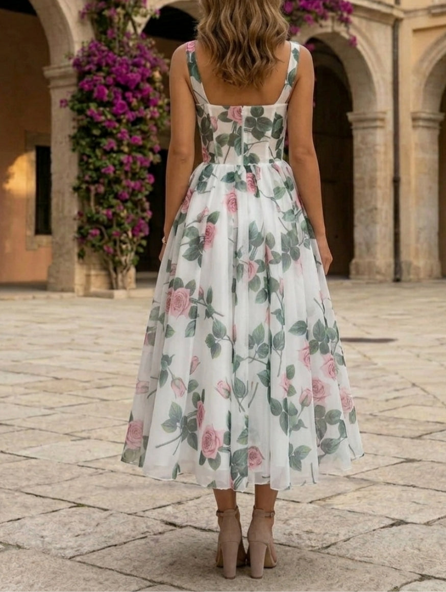 A-Line/Princess Square Collar Chiffon Cocktail Dresses Tea-Length Sleeveless Floral Formal Dresses