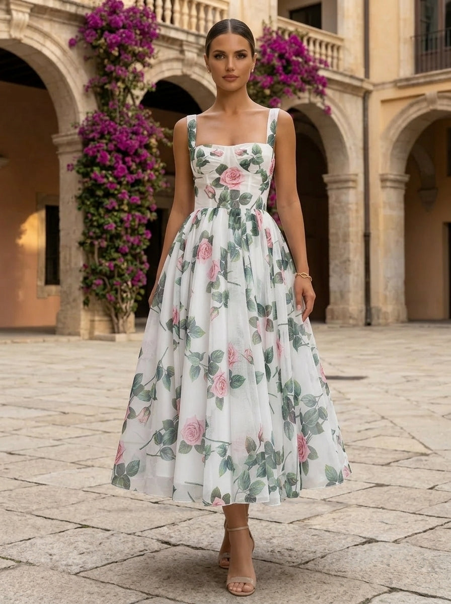 A-Line/Princess Square Collar Chiffon Cocktail Dresses Tea-Length Sleeveless Floral Formal Dresses