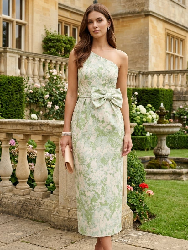 Sheath/Column One-Shoulder Jacquard Cocktail Dresses with Bowknot Tea-Length Floral Sleeveless Formal Dresses