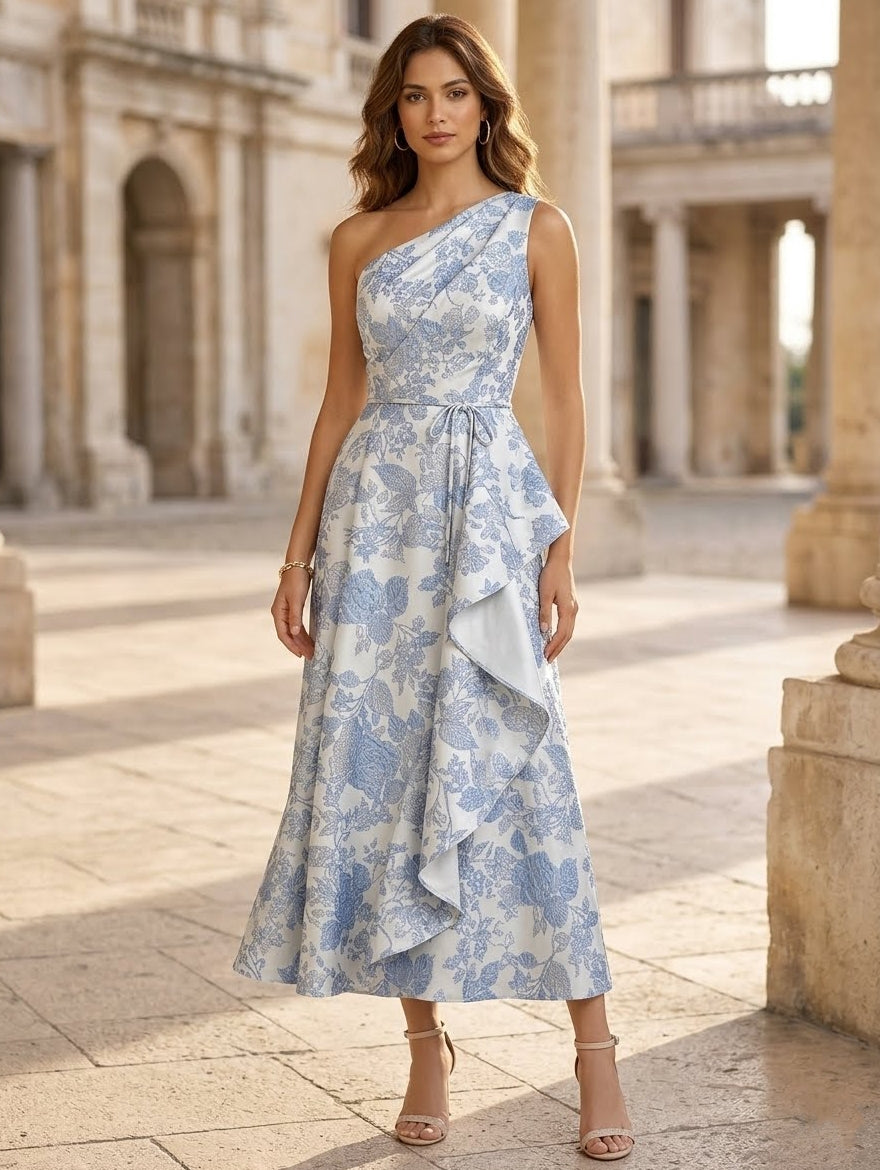 A-Line/Princess One-Shoulder Jacquard Cocktail Dresses Tea-Length Floral Ruffles Sleeveless Formal Dresses, As Pic