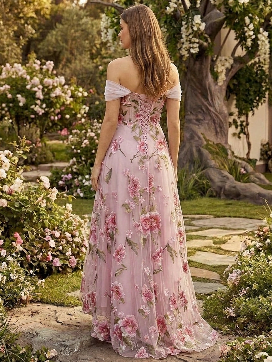 A-Line/Princess Off-the-Shoulder Embroidery Cocktail Dresses Asymmetrical Floor-Length Floral Sleeveless Formal Dresses