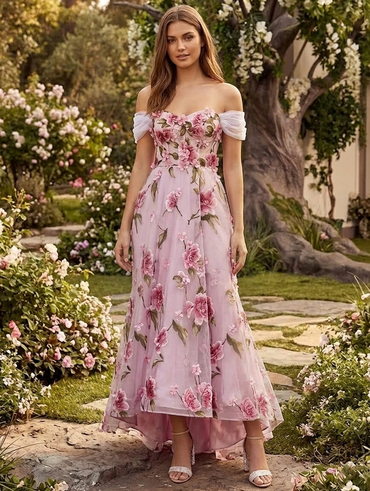 A-Line/Princess Off-the-Shoulder Embroidery Cocktail Dresses Asymmetrical Floor-Length Floral Sleeveless Formal Dresses