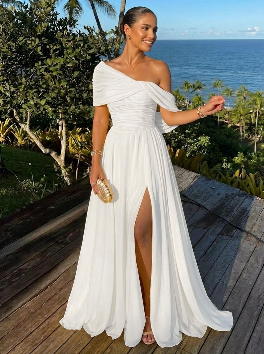 A-Line/Princess One-Shoulder Chiffon Evening Dresses with Split Side Floor-Length Sleeveless Party Dresses Ruched Ivory