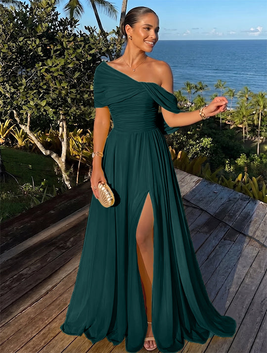 A-Line/Princess One-Shoulder Chiffon Evening Dresses with Split Side Floor-Length Sleeveless Party Dresses Ruched Peacock