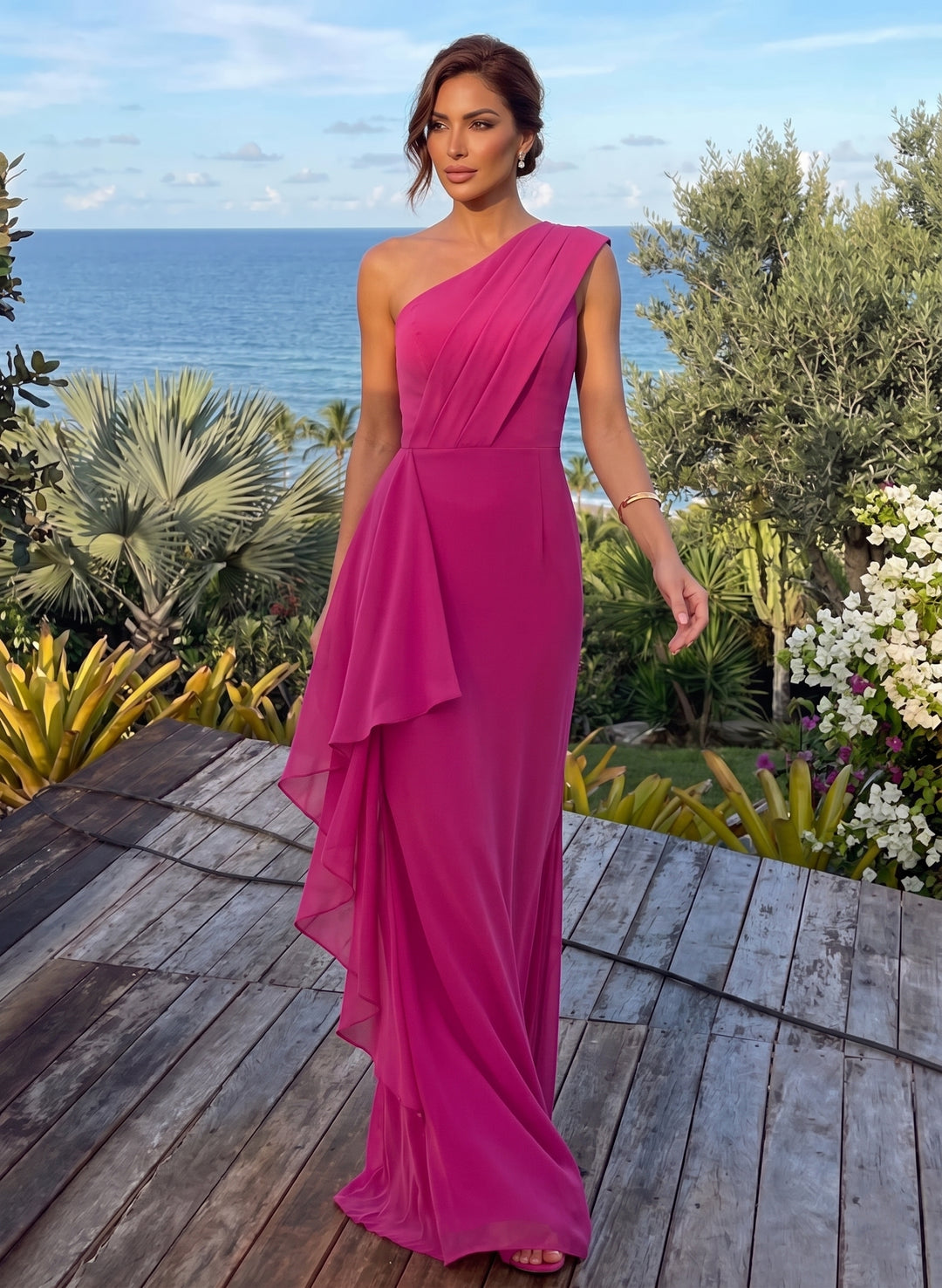Sheath/Column One-Shoulder Chiffon Evening Dresses Ruffles Floor-Length Sleeveless Party Dresses, Fuchsia