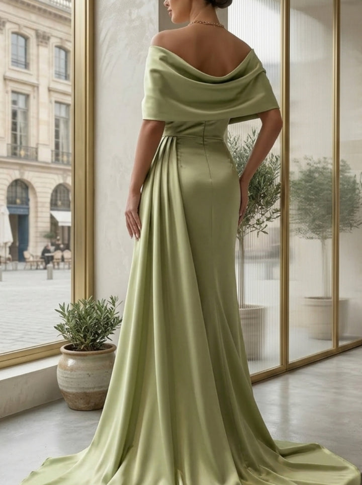 Sheath/Column Asymmetrical Neck Silk Satin Evening Dresses with Split Side Cape Sleeves Floor-Length Party Dresses