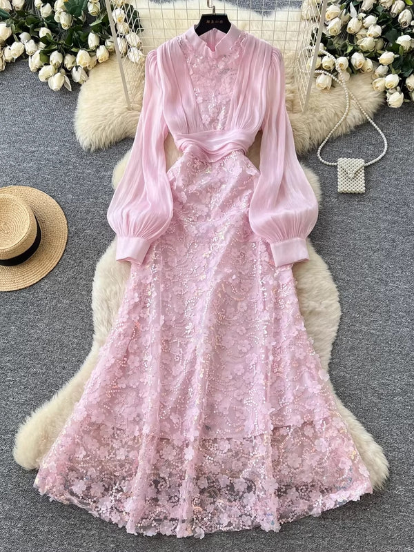 A-Line/Princess Stand Collar Floral Lace Wedding Guest Dresses Tea-Length Bishop Sleeves