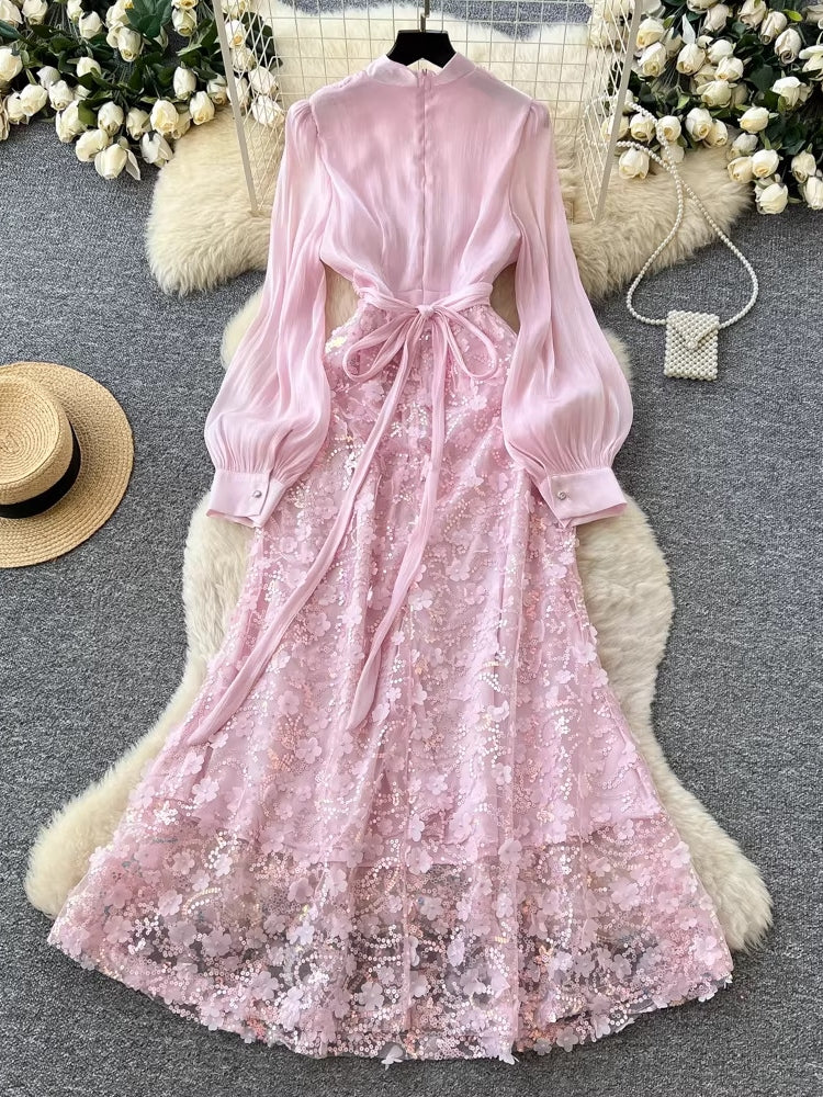 A-Line/Princess Stand Collar Floral Lace Wedding Guest Dresses Tea-Length Bishop Sleeves