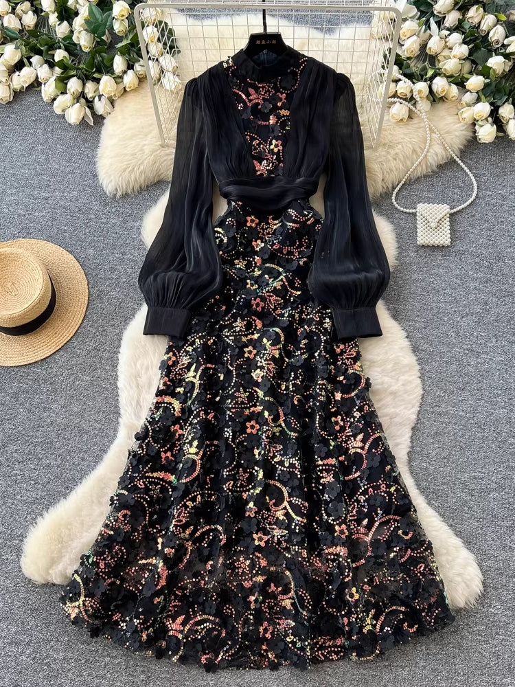 A-Line/Princess Stand Collar Floral Lace Wedding Guest Dresses Tea-Length Bishop Sleeves