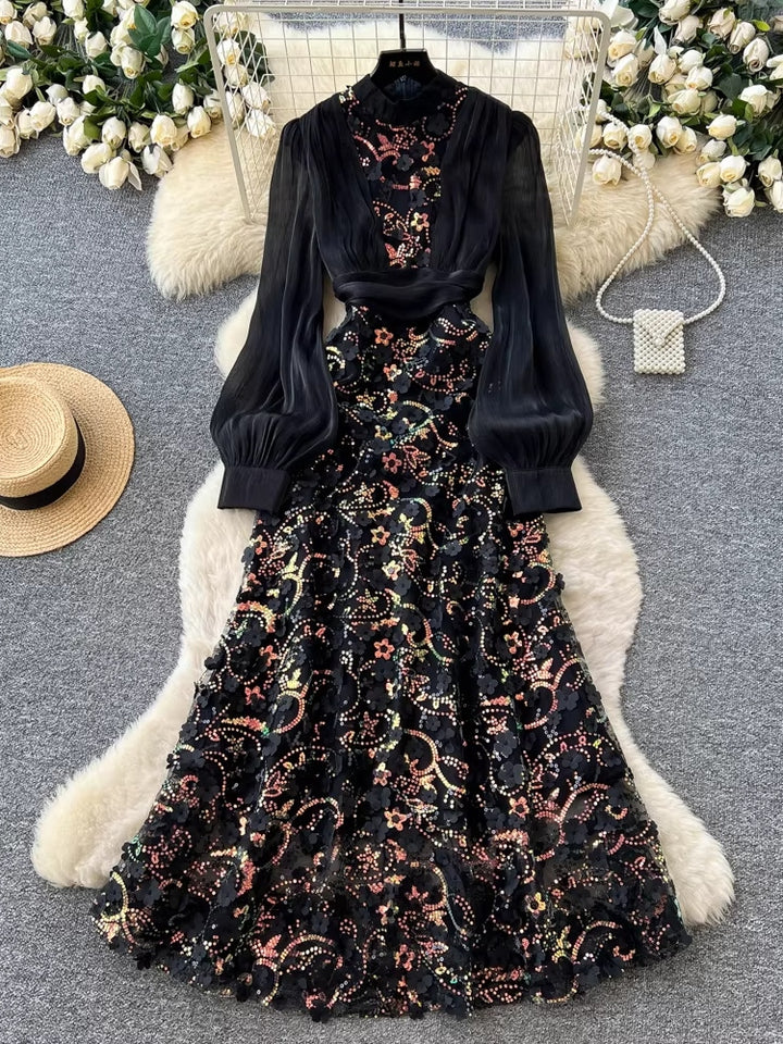 A-Line/Princess Stand Collar Floral Lace Wedding Guest Dresses Tea-Length Bishop Sleeves