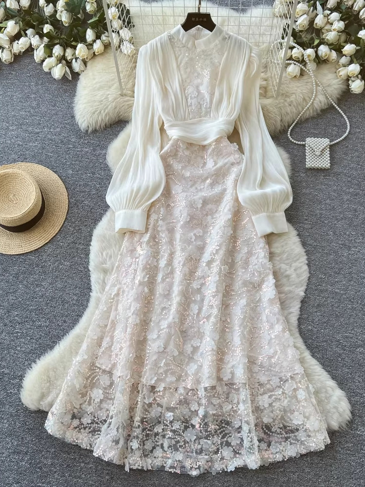 A-Line/Princess Stand Collar Floral Lace Wedding Guest Dresses Tea-Length Bishop Sleeves