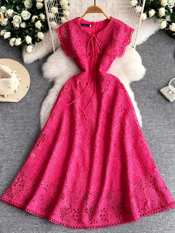 A-Line/Princess Scoop Lace Wedding Guest Dresses Tea-Length Short Sleeves