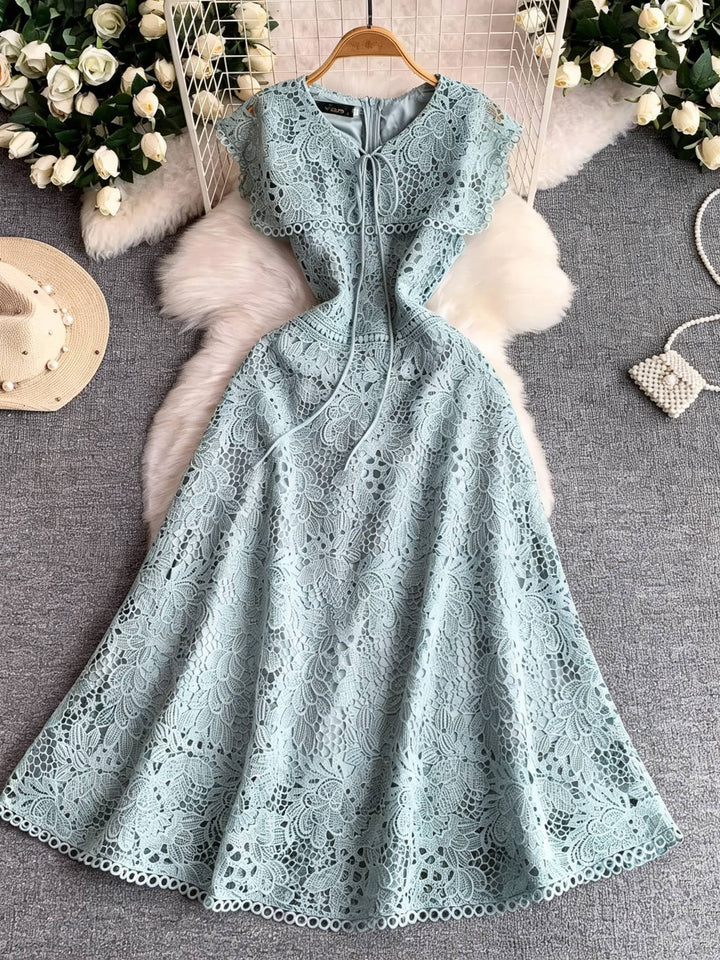 A-Line/Princess Scoop Lace Wedding Guest Dresses Tea-Length Short Sleeves