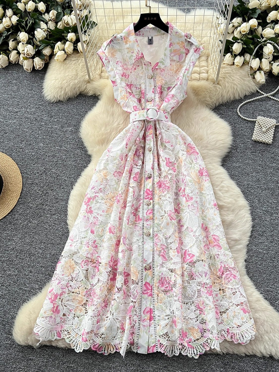 A-Line/Princess Shirt Collar Floral Lace Wedding Guest Dresses Tea-Length Short Sleeves