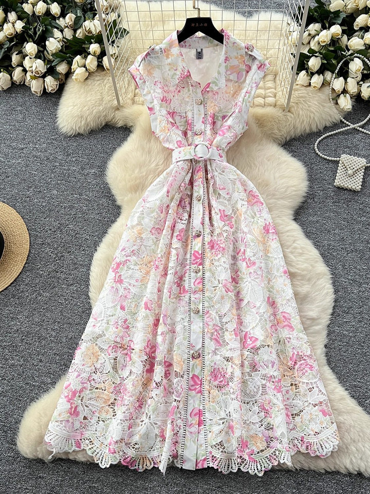 A-Line/Princess Shirt Collar Floral Lace Wedding Guest Dresses Tea-Length Short Sleeves