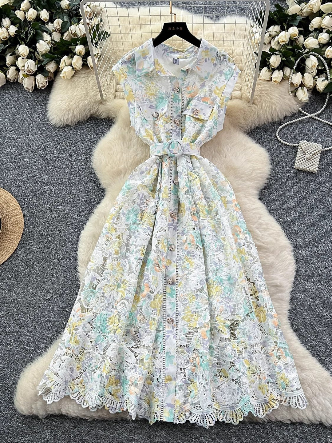 A-Line/Princess Shirt Collar Floral Lace Wedding Guest Dresses Tea-Length Short Sleeves