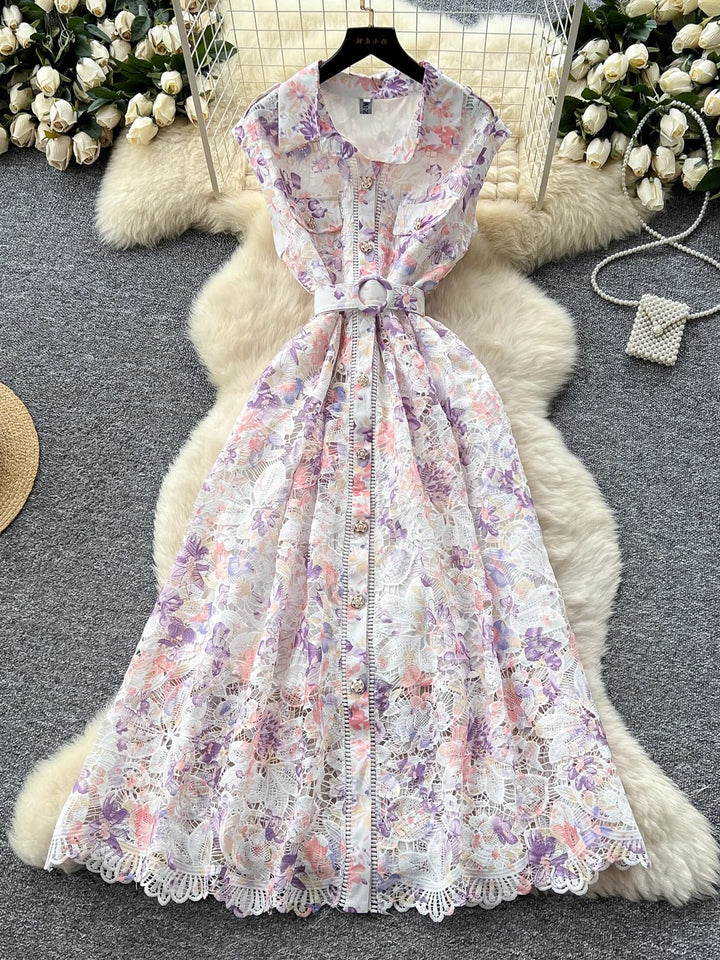 A-Line/Princess Shirt Collar Floral Lace Wedding Guest Dresses Tea-Length Short Sleeves