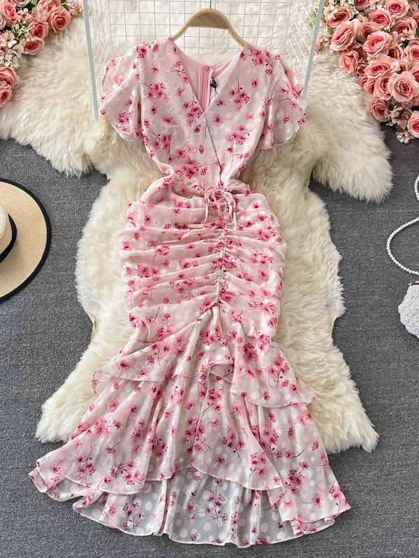 Sheath/Column V-Neck Wedding Guest Dresses Floral Tea-Length Short Sleeves Ruffles