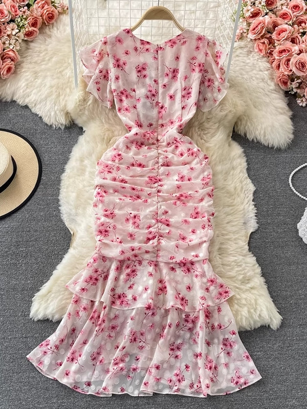 Sheath/Column V-Neck Wedding Guest Dresses Floral Tea-Length Short Sleeves Ruffles