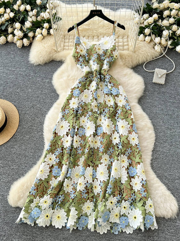 A-Line/Princess Spaghetti Straps Lace Wedding Guest Dresses Tea-Length Sleeveless Floral