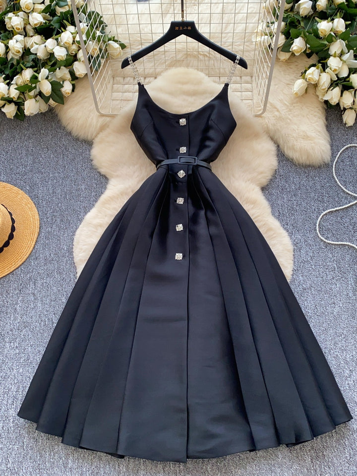 A-Line/Princess Spaghetti Strap Satin Wedding Guest Dresses Tea-Length Sleeveless Rhinestones Buckle