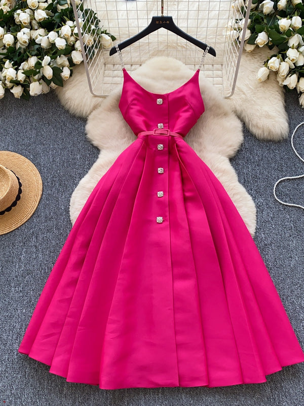 A-Line/Princess Spaghetti Strap Satin Wedding Guest Dresses Tea-Length Sleeveless Rhinestones Buckle