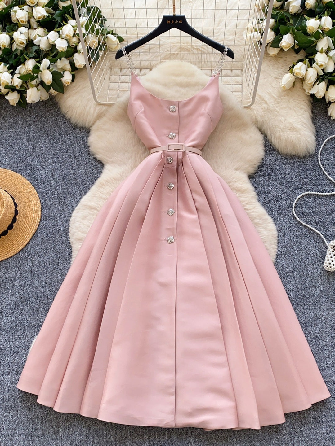 A-Line/Princess Spaghetti Strap Satin Wedding Guest Dresses Tea-Length Sleeveless Rhinestones Buckle