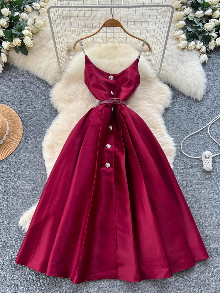 A-Line/Princess Spaghetti Strap Satin Wedding Guest Dresses Tea-Length Sleeveless Rhinestones Buckle