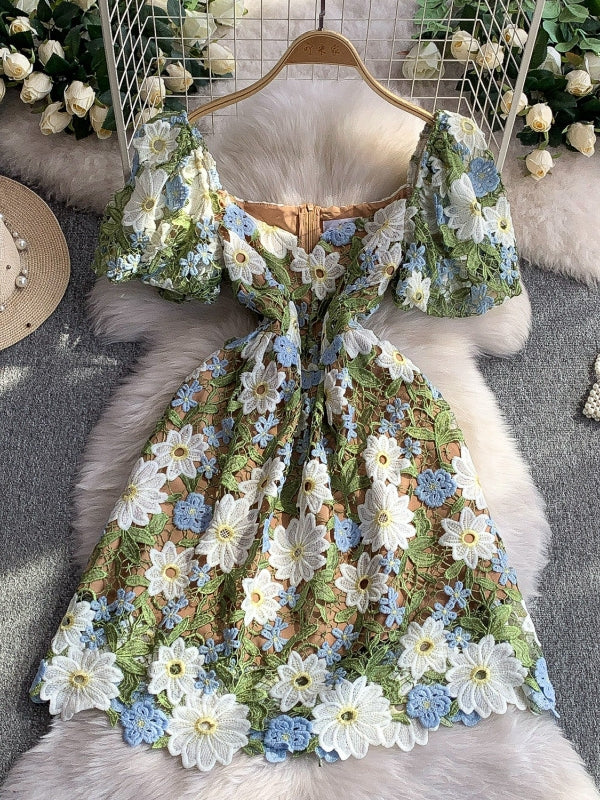 A-Line/Princess Square Neck Lace Wedding Guest Dresses Knee-Length Puff Sleeves Floral