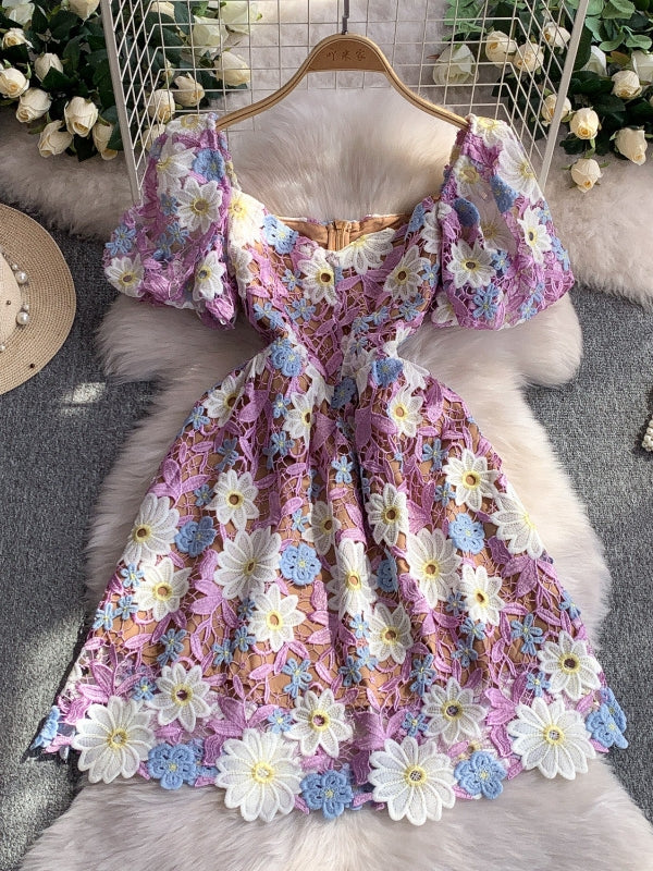 A-Line/Princess Square Neck Lace Wedding Guest Dresses Knee-Length Puff Sleeves Floral
