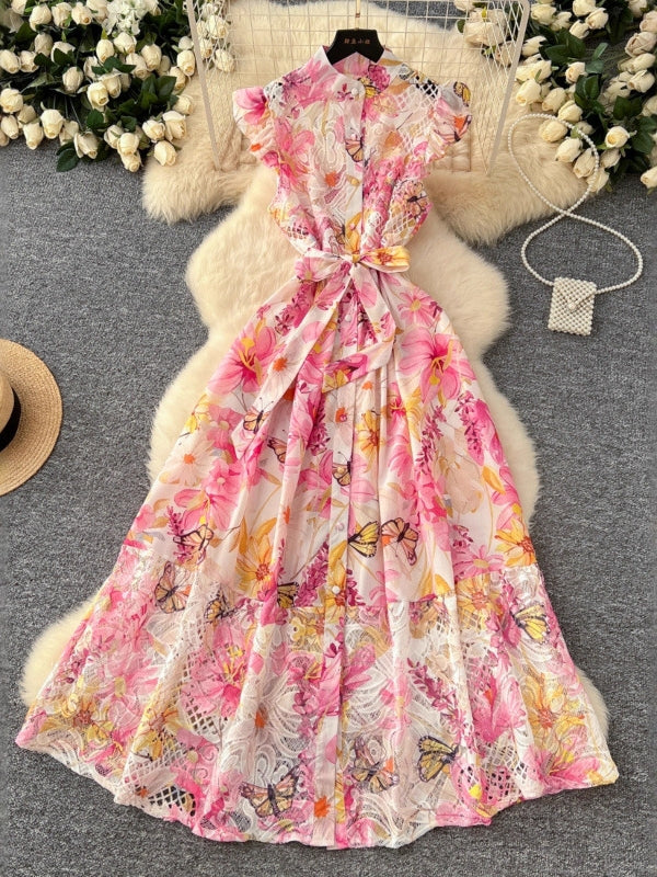 A-Line/Princess Stand Collar Floral Lace Wedding Guest Dresses Tea-Length Short Sleeves