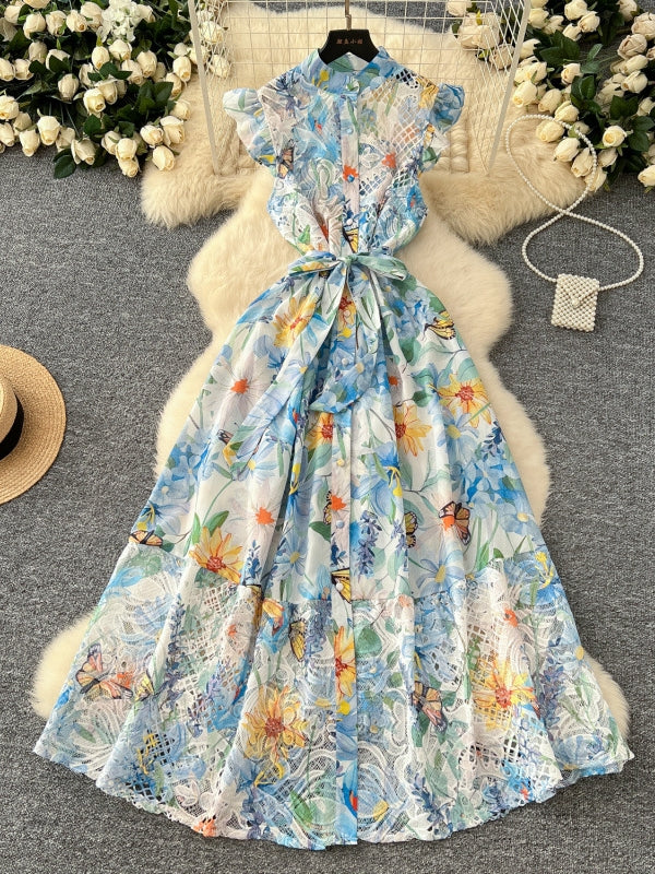 A-Line/Princess Stand Collar Floral Lace Wedding Guest Dresses Tea-Length Short Sleeves