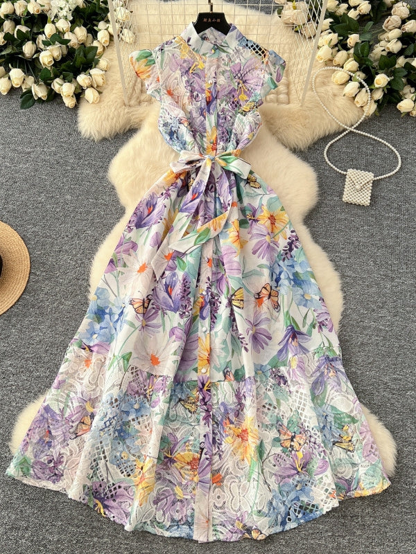 A-Line/Princess Stand Collar Floral Lace Wedding Guest Dresses Tea-Length Short Sleeves