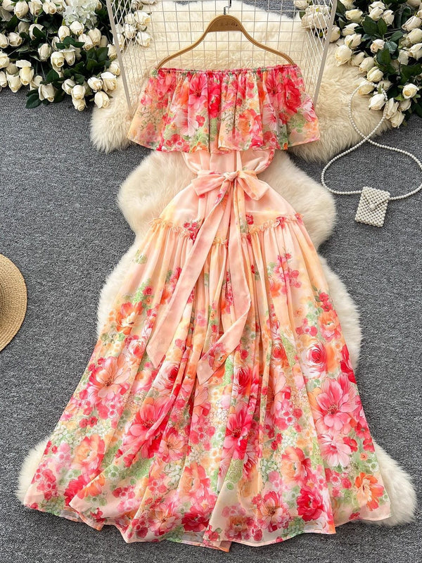 A-Line/Princess Off-the-Shoulder Floral Chiffon Wedding Guest Dresses Tea-Length Sleeveless Ruffles With Belt