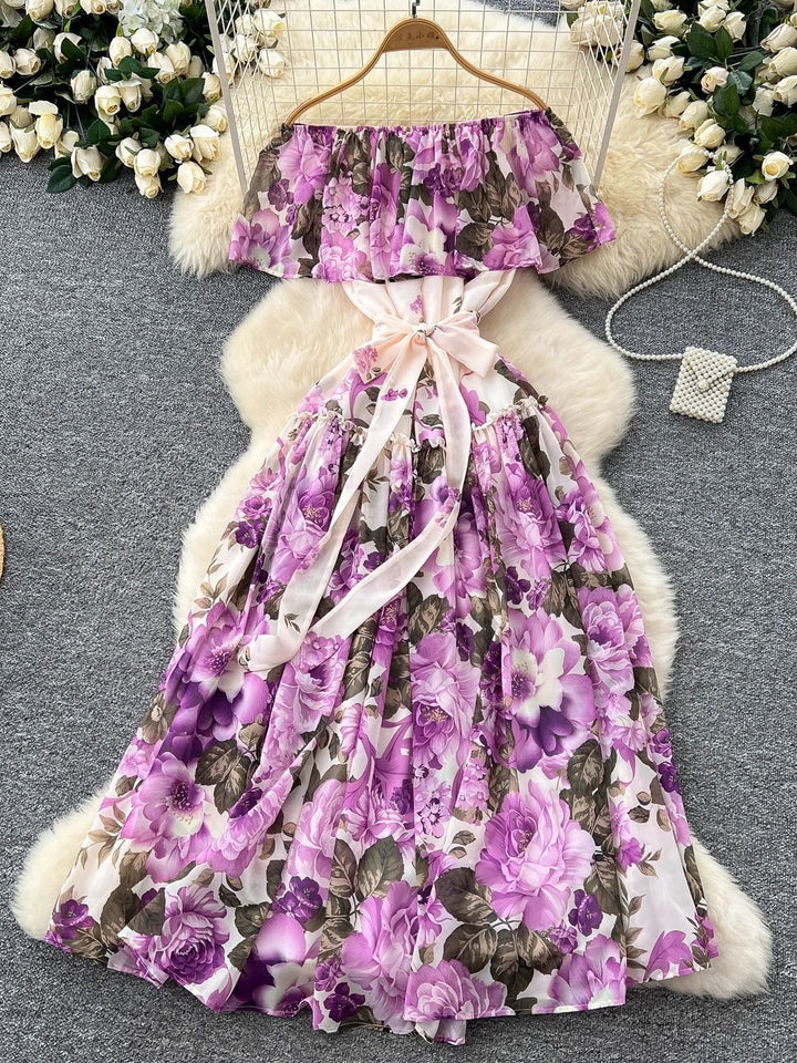 A-Line/Princess Off-the-Shoulder Floral Chiffon Wedding Guest Dresses Tea-Length Sleeveless Ruffles With Belt