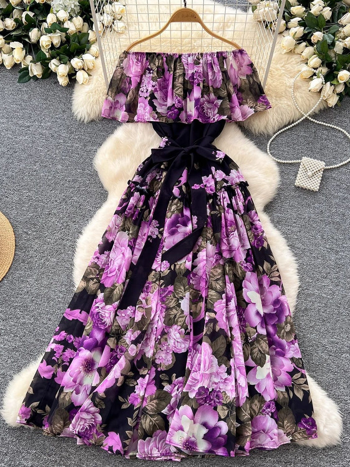 A-Line/Princess Off-the-Shoulder Floral Chiffon Wedding Guest Dresses Tea-Length Sleeveless Ruffles With Belt