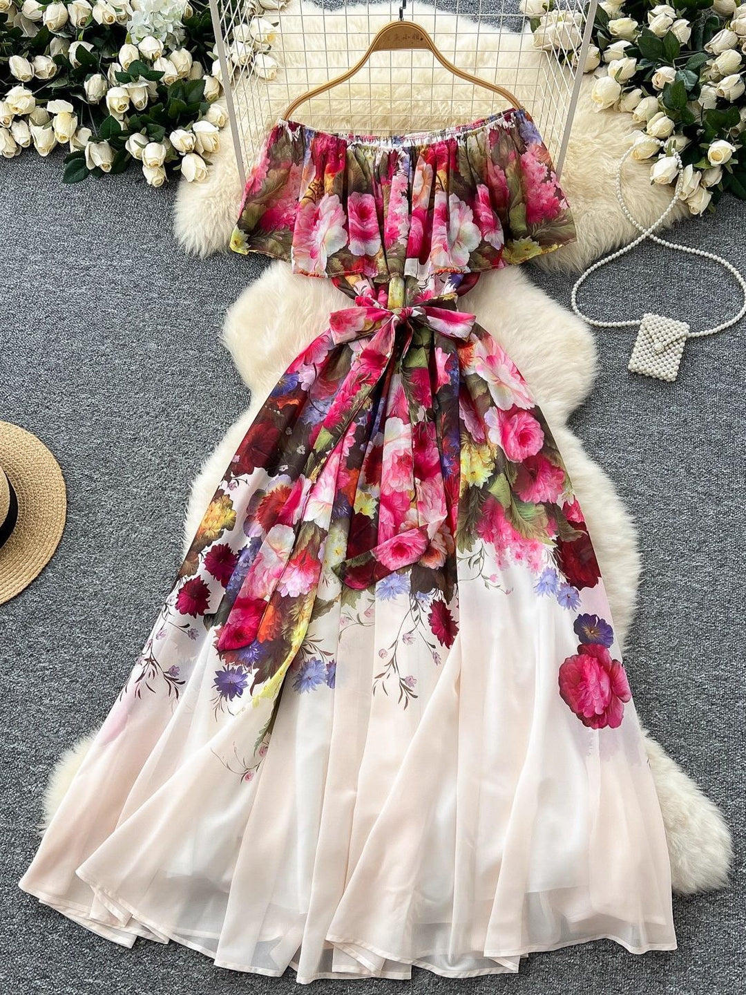 A-Line/Princess Off-the-Shoulder Floral Chiffon Wedding Guest Dresses Tea-Length Sleeveless Ruffles With Belt