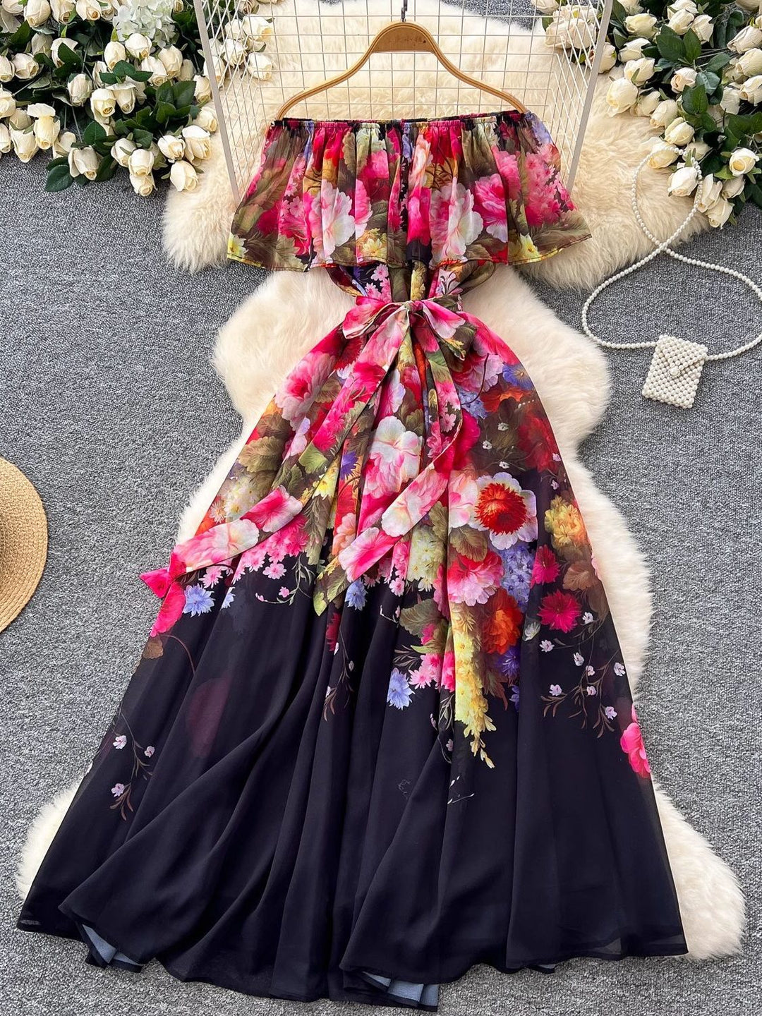 A-Line/Princess Off-the-Shoulder Floral Chiffon Wedding Guest Dresses Tea-Length Sleeveless Ruffles With Belt