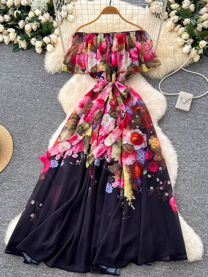 A-Line/Princess Off-the-Shoulder Floral Chiffon Wedding Guest Dresses Tea-Length Sleeveless Ruffles With Belt