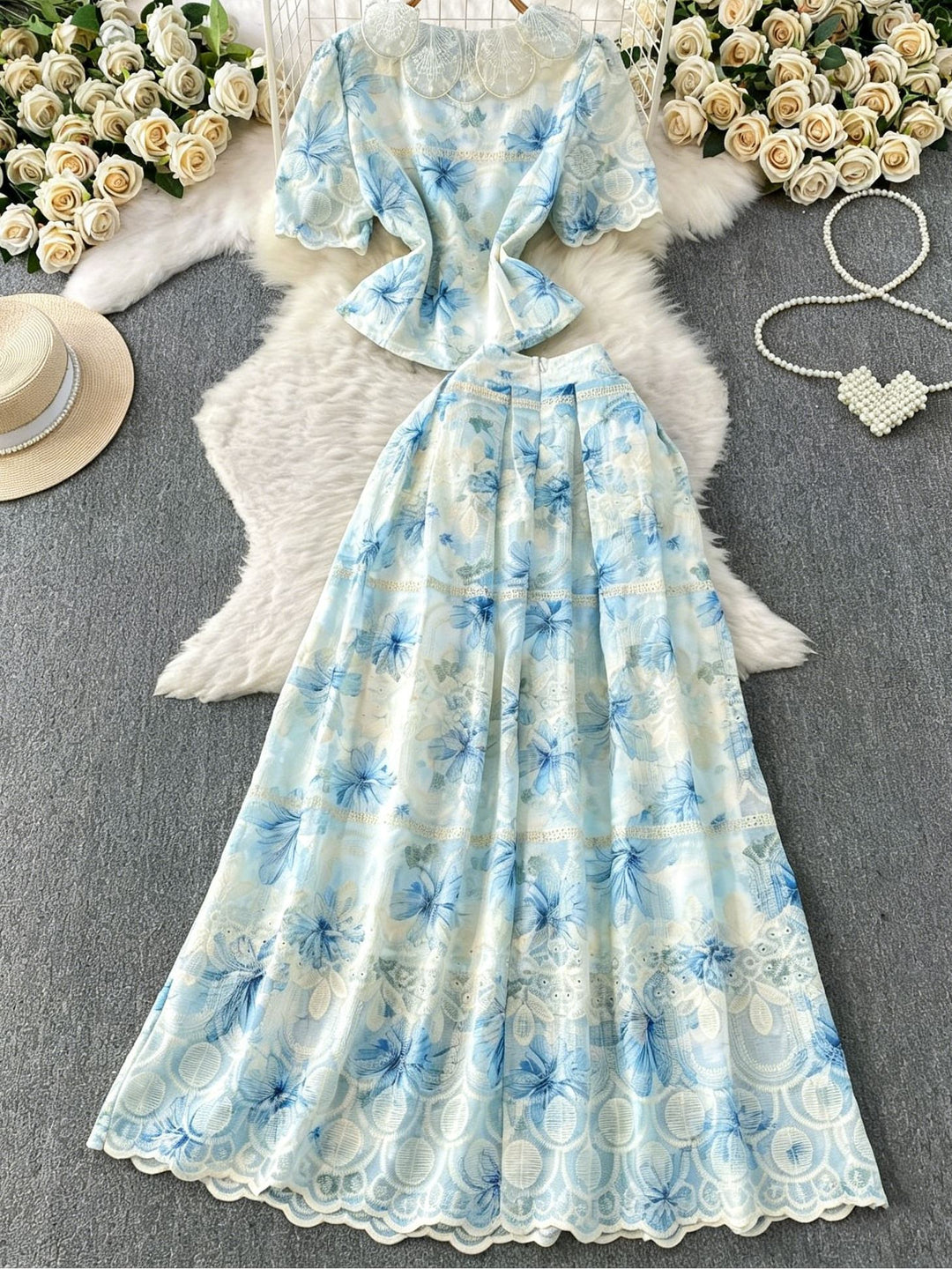 A-Line/Princess Two-Piece Set Doll Collar Floral Wedding Guest Dresses Tea-Length Short Sleeves
