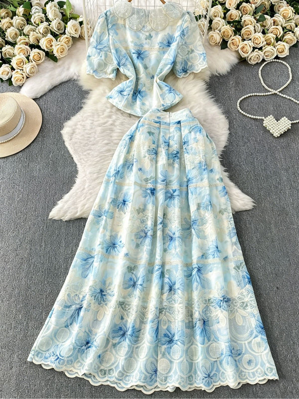 A-Line/Princess Two-Piece Set Doll Collar Floral Wedding Guest Dresses Tea-Length Short Sleeves