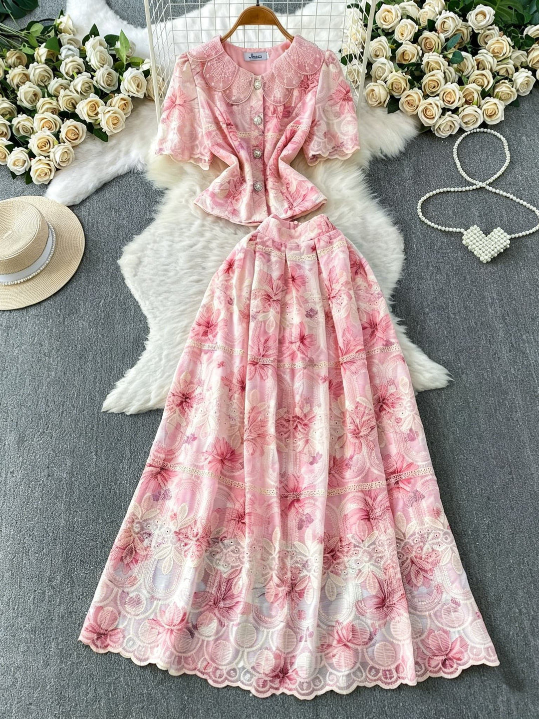 A-Line/Princess Two-Piece Set Doll Collar Floral Wedding Guest Dresses Tea-Length Short Sleeves
