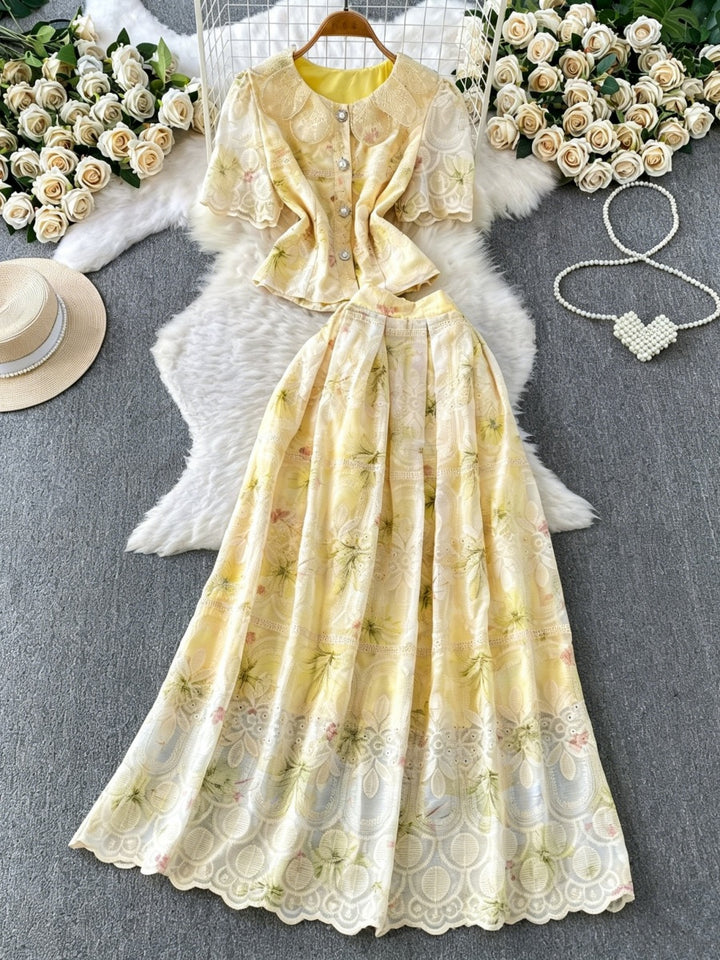 A-Line/Princess Two-Piece Set Doll Collar Floral Wedding Guest Dresses Tea-Length Short Sleeves