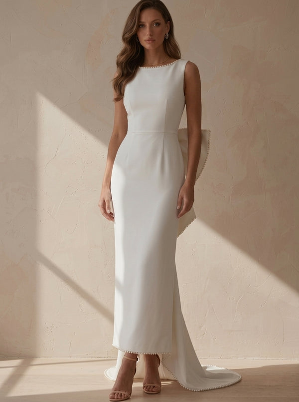 Sheath/Column Scoop Stretch Satin Cocktail Dresses Ankle-Length Sleeveless Little White Dresses Bowknot Formal Dress