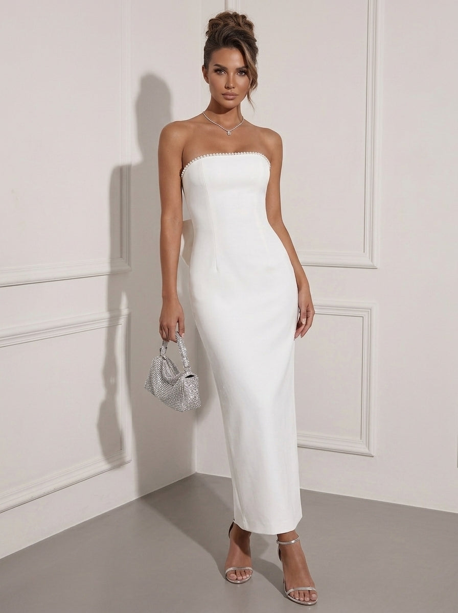 Sheath/Column Strapless Stretch Satin Cocktail Dresses Ankle-Length Sleeveless Little White Dresses Bowknot Formal Dress Navy Blue