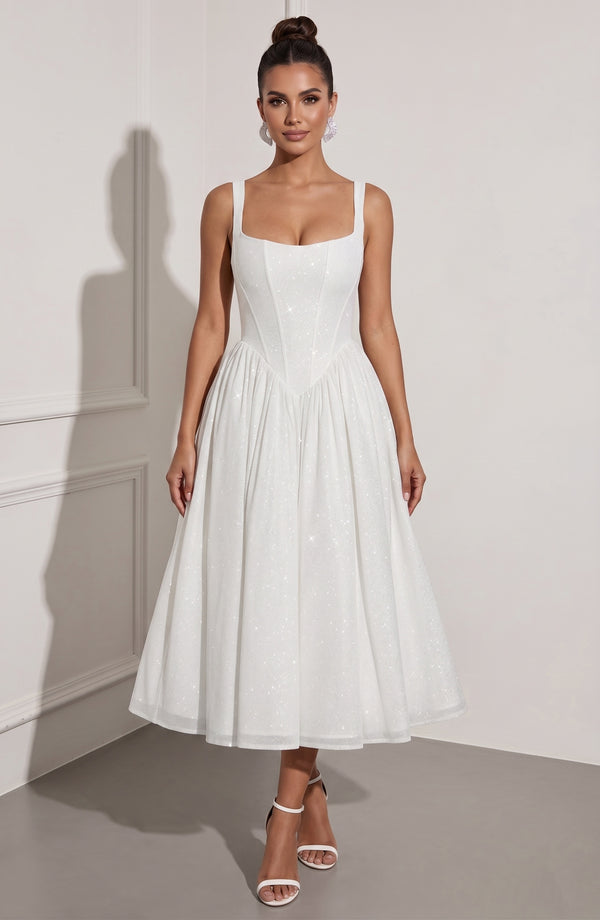 A-Line/Princess Square Collar Sparkle Mesh Cocktail Dresses Tea-Length Sleeveless Little White Dresses Formal Dresses